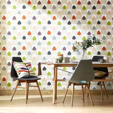 Scion-Lohko-wallpaper-Sula-rain-drop-pink-green-blue-red-retro-palette-tetra-cushion-funky-dinning-room